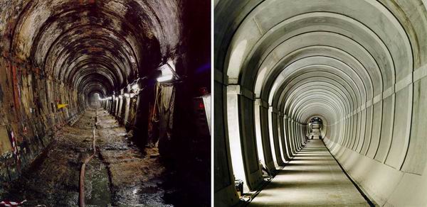 Brunel's Thames Tunnel prior to and after refurbishment.