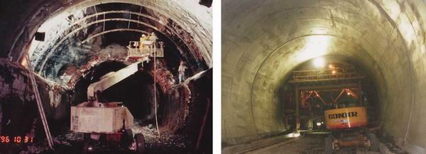 (a): Shotcrete canopy installation under voids, (b): Final tunnel lining.