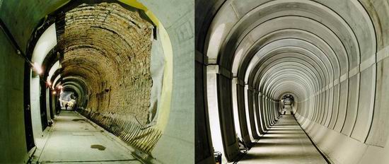 Tunnel under refurbishment and fully refurbished tunnel.